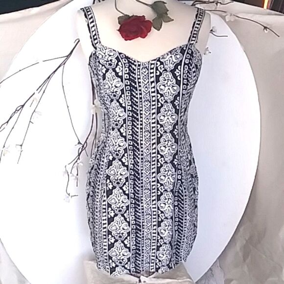 Vintage Dress 90s Shane Sleeveless Black White Geometric Pattern Wiggle … - Picture 1 of 9